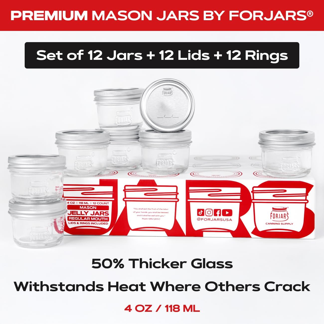 FORJARS® Premium Mason Jars with Lids – 4oz | Regular Mouth Canning Jars | 12-Pack Glass Jars for Jam, Jelly, Honey, Spices, Desserts, Sauces, Food Storage, Freezer Safe, Airtight Bulk Set
