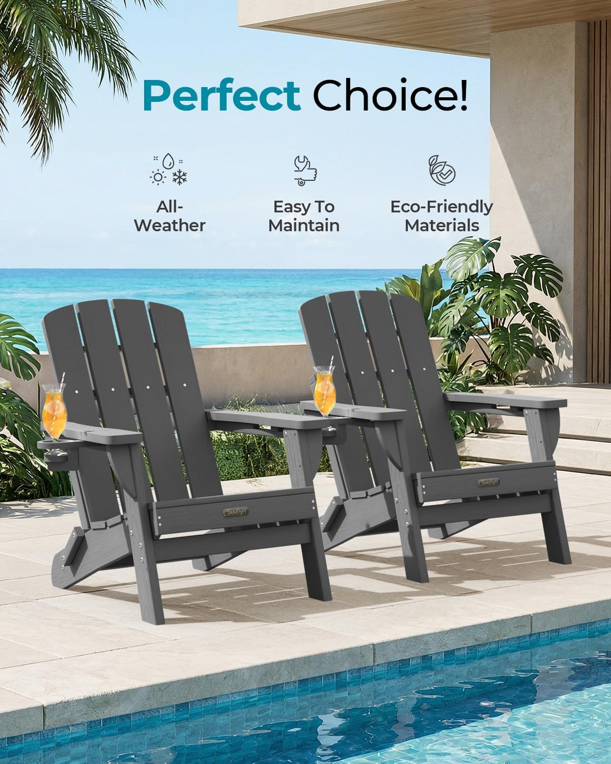 Folding Adirondack Chair, HDPE All-Weather Fire Pit Chairs, Plastic Adirondack Chairs with 2 Cup Holder, Outdoor Lawn Chair for Patio Garden (Grey)
