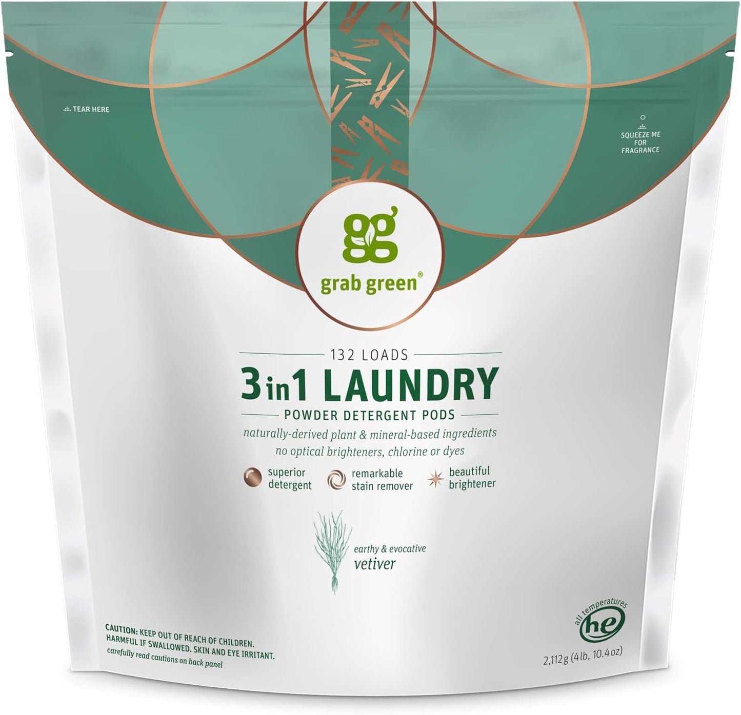 Grab Green 3-in-1 Laundry Detergent Pods, 132 Count, Vetiver Scent, Plant and Mineral Based, Superior Cleaning Power, Stain Remover, Brightens Clothes