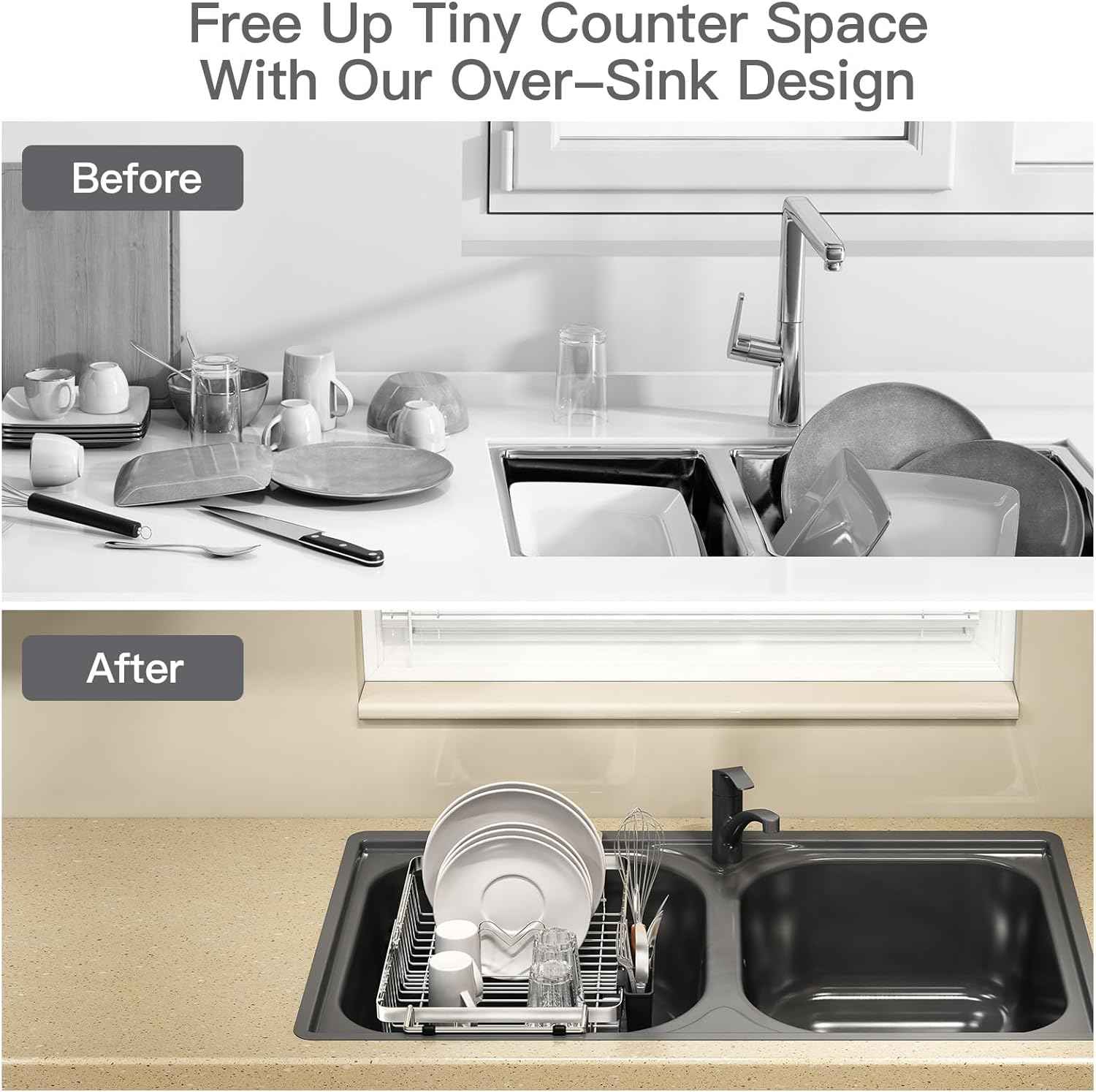 MAJALiS Dish Drying Rack Over The Sink, Expandable Stainless Steel Dish Drainer for Small Kitchen Counter Space Saving, RV Compact Plate Strainer In Silver Metal with Hanging Adjustable Utensil Holder