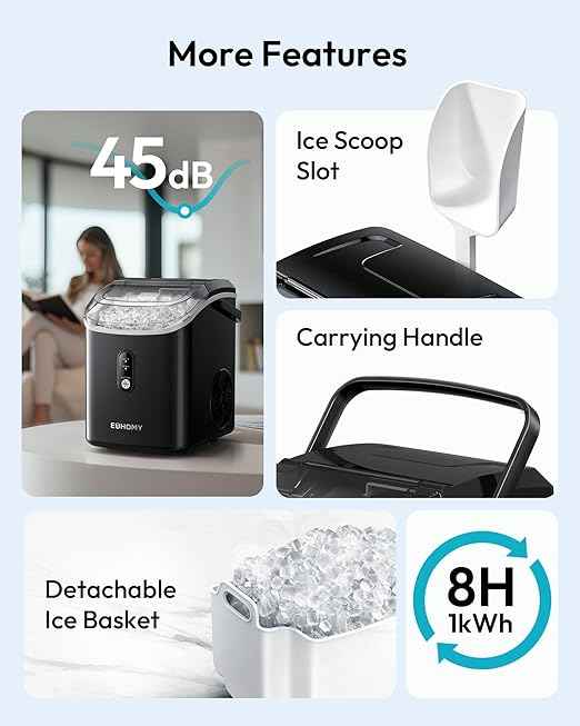 EUHOMY Nugget Ice Maker Countertop with Handle, Ready in 6 Mins, 34lbs Per Day, Removable Top Cover, Self-Cleaning, Portable Sonic Ice Maker with Basket and Scoop, for Home/Party/RV/Camping(Black)