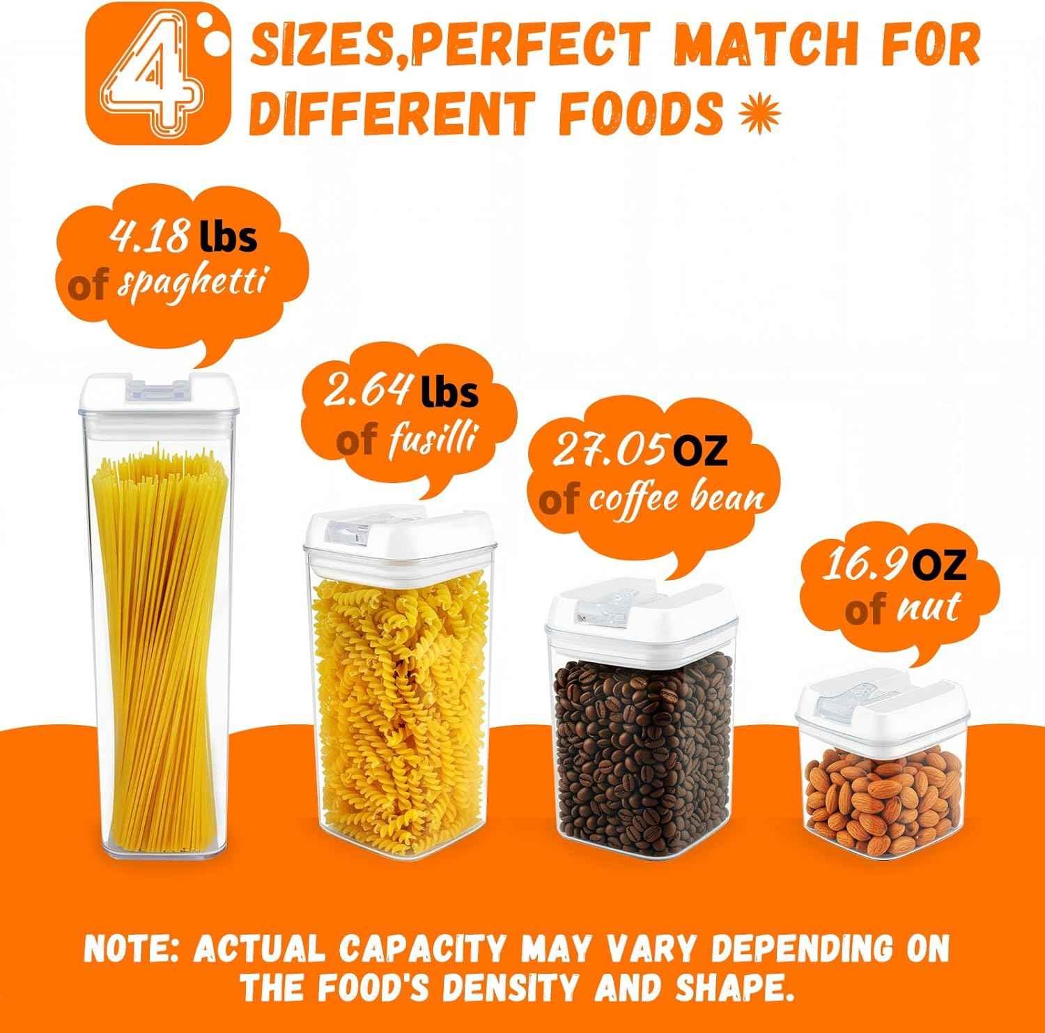 Airtight Food Storage Containers with Lids 7 pcs Plastic Kitchen and Pantry Organization Canisters for Cereal, BPA Free Kitchen Canisters for Spaghetti, Pasta (Airtight Food)