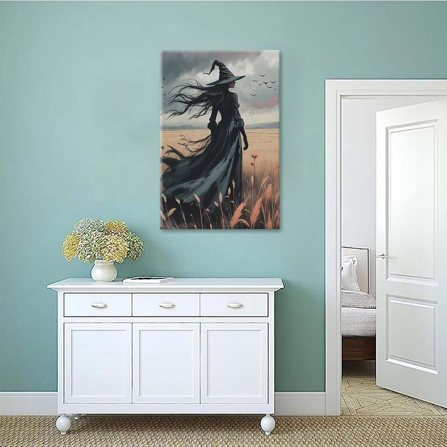 JFHCQJPK Gothic Decor Canvas Wall Art Witch in Rice Field Halloween Art Decor Print Nature Print Victorian Home Bedroom32x48in Frameless
