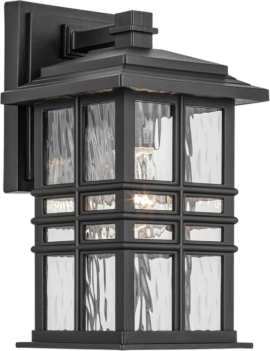 KICHLER Beacon Square 12" 1-Light Outdoor Wall Light with Clear Hammered Glass in Textured Black, for Exterior Doors, Garage, Porch, or Patio (12" x 6.5"), 49829BKT