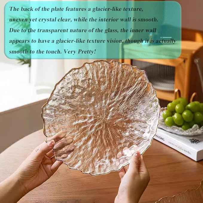 Glass Salad Bowl Irregular Lotus Flower Shape Serving Bowls, Mixing Nut Bowls for Kitchen Fruist, Snack, Dessert, and Ice Cream Candy Dishes (Plate with Gold Rim Crystal Clear, Small)