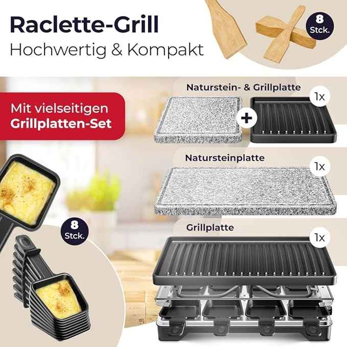 KESSER® Raclette Grill with Natural Grill Stone, Grill Plate Table Grill for 8 People, Electric Grill Raclette Grill with Non-Stick Coating, 8 Pans and Wooden Spatula 1200W (Black)