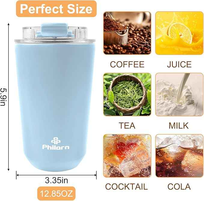 PHILORN Travel Coffee Mug 12 OZ Tumbler, Insulated Coffee Mug with Lid, Coffee Thermos for Hot & Cold Drinks, Leak Proof Coffee Tumbler with Double Wall (LIGHT BLUE)