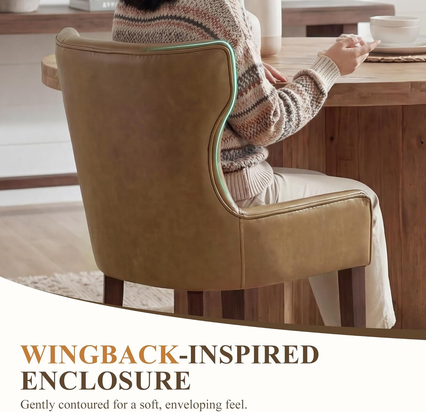 Modern Dining Chairs Set of 4, Faux Leather Kitchen Chairs with Wood Legs, Upholstered Curved Back Side Accent Chair for Kitchen/Dining Room, Brown PU