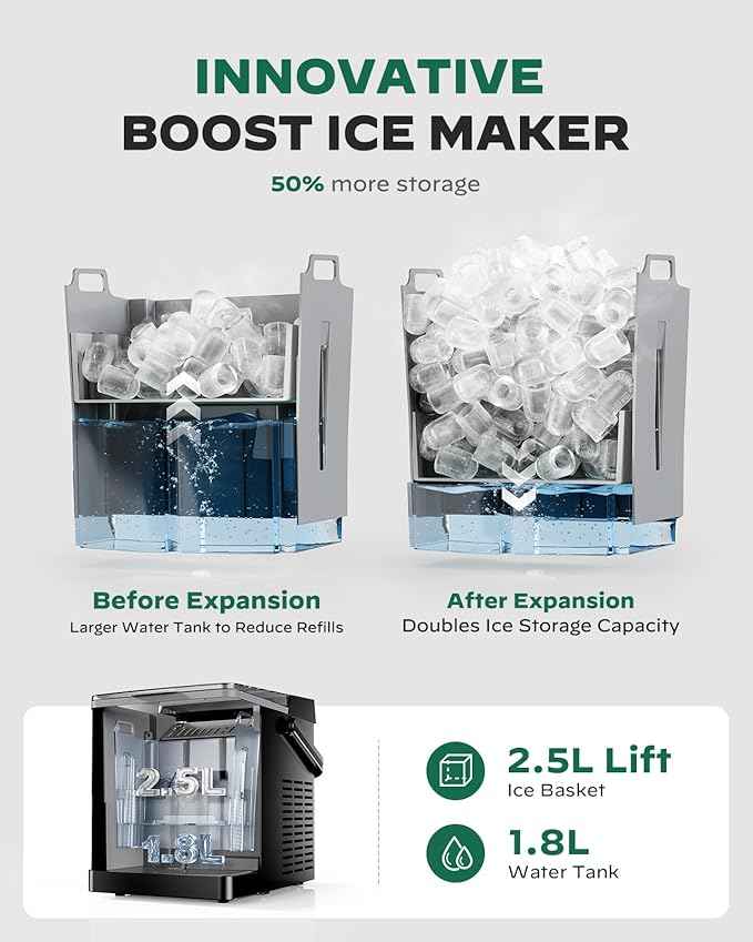 Silonn Ice Maker Countertop with Expandable 2.5L Ice Basket & 1.8L Water Tank, 9 Bullet Ice Cubes in 6 Mins, Portable Ice Maker with LED Touch Control, Self-Cleaning, 2 Ice Sizes for Home Kitchen