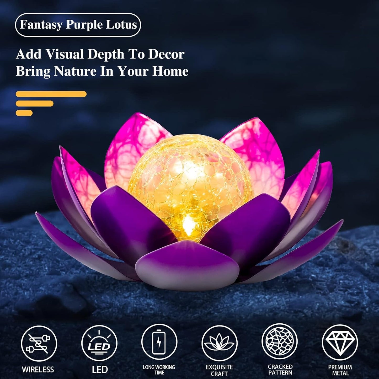 Solar Light Outdoor(2Pack), Art Crackle Globe Glass Lotus Decoration, Solar LED Waterproof Purple Metal Flower Lights for Patio,Lawn,Walkway,Tabletop