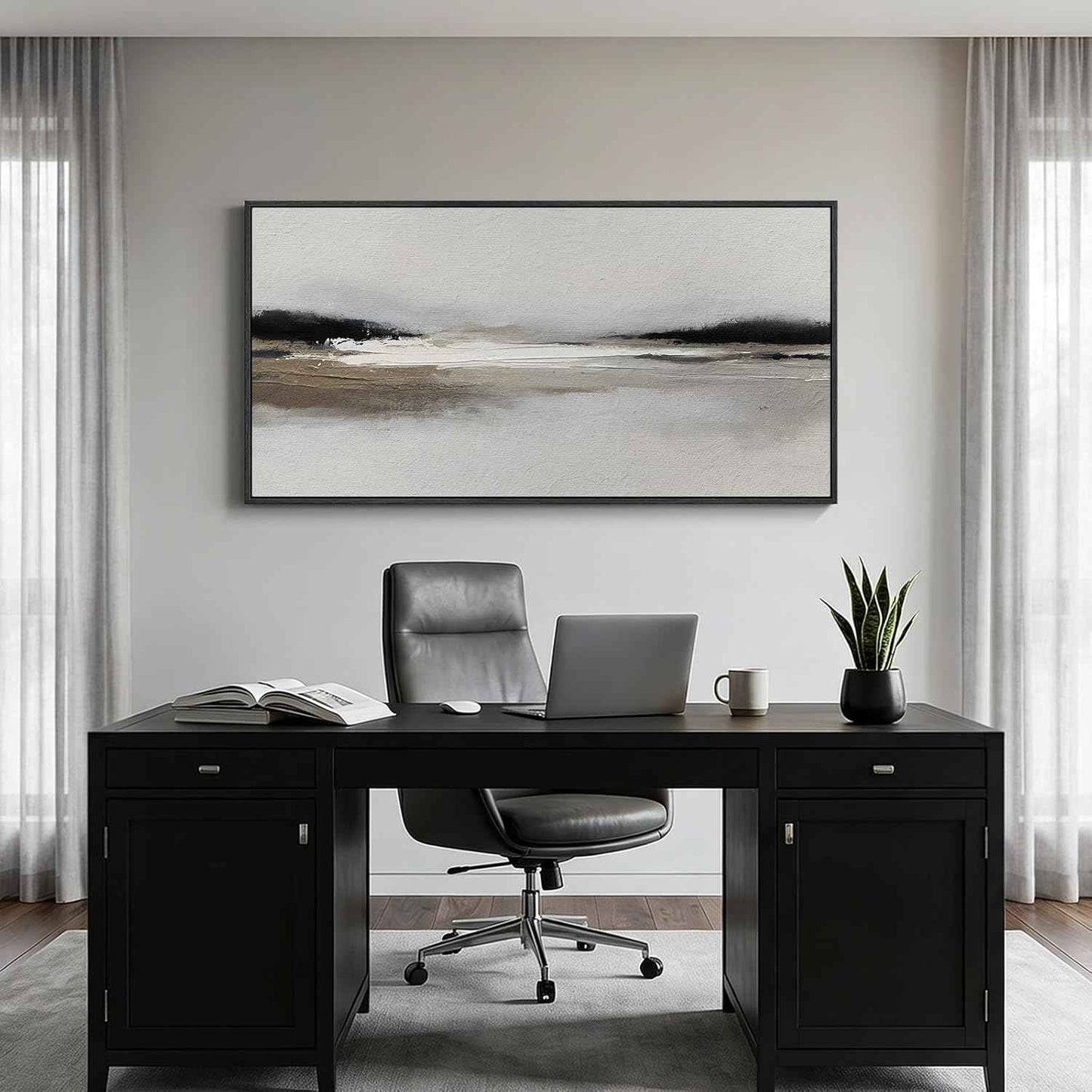 Large Framed Abstract Wall Art for Living Room, Horizontal Black and White Landscape Canvas Prints Paintings Artwork for Walls, Neutral Modern Minimalist Pictures Wall Decor for Bedroom Office 30x60