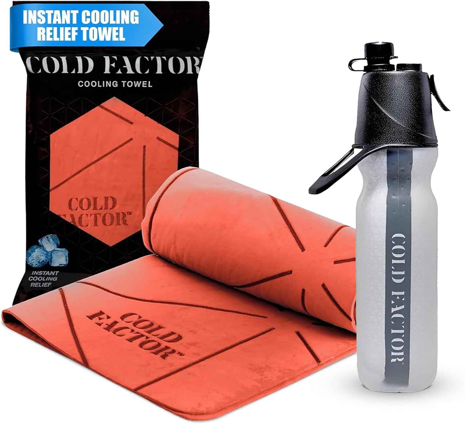COLD FACTOR Orange Cooling Towel & Misting Water Bottle Bundle– Soft Cooling Neck Wrap w/UPF 50+ Protection, Machine Washable – Insulated 20oz Hydration & Cooling Spray for Sports, Exercise & Fitness