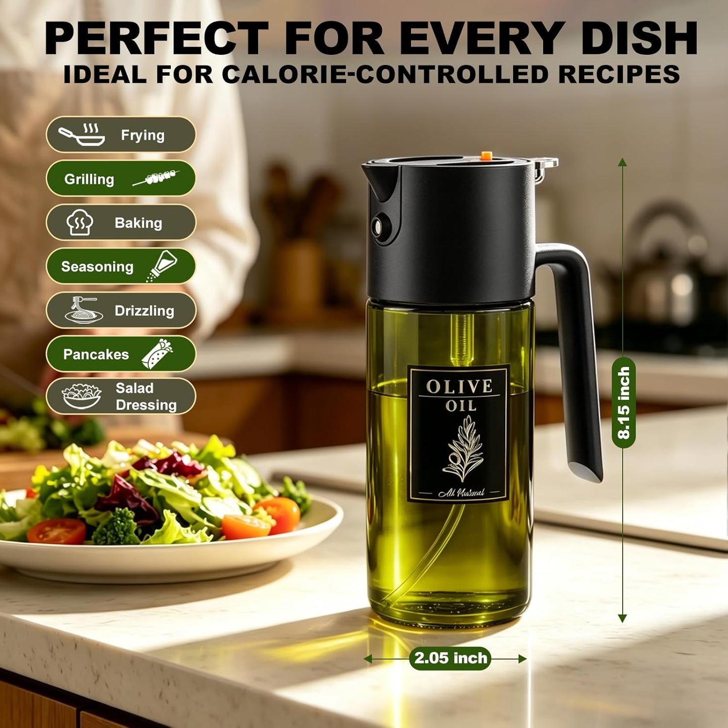 2-IN-1 500ml/17oz Light-Blocking Dark Oil Sprayer for Cooking with Sticker, Dark Green Glass Olive Oil Dispenser Bottle for Kitchen, Even Spray with Portion Control, Perfect for Air Fryer, BBQ - Black