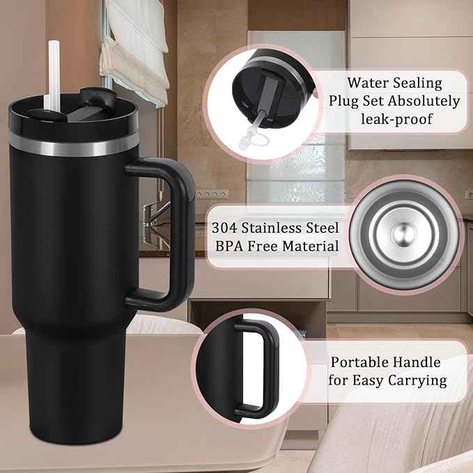 4 Pack 40 Oz Tumbler with Handle Bulk, Double Wall Vacuum Insulated Stainless Steel Tumbler with Lid and Straw, 40 oz cup with Silicone Spill Proof Stopper Set (Black)