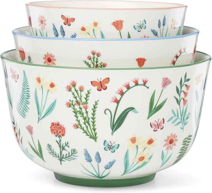Oneida Serveware, First Blooms Nesting Bowls Set Of 3, Porcelain Material, Dishwasher & Microwave Safe, 19-oz, 30-oz, & 46-oz Serving Bowls, Pasta Bowl, Floral Design (Multi-Colored, 3 Pieces)