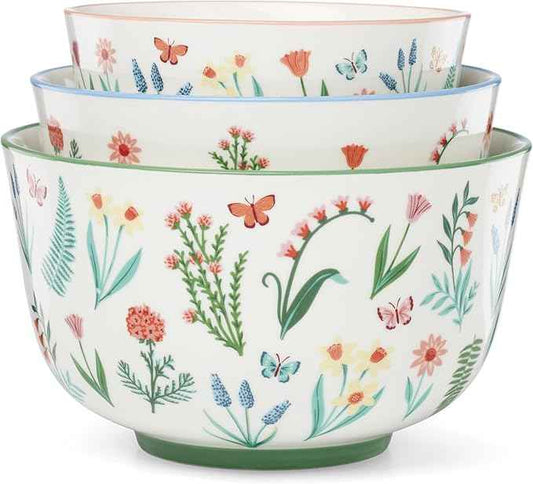 Oneida Serveware, First Blooms Nesting Bowls Set Of 3, Porcelain Material, Dishwasher & Microwave Safe, 19-oz, 30-oz, & 46-oz Serving Bowls, Pasta Bowl, Floral Design (Multi-Colored, 3 Pieces)