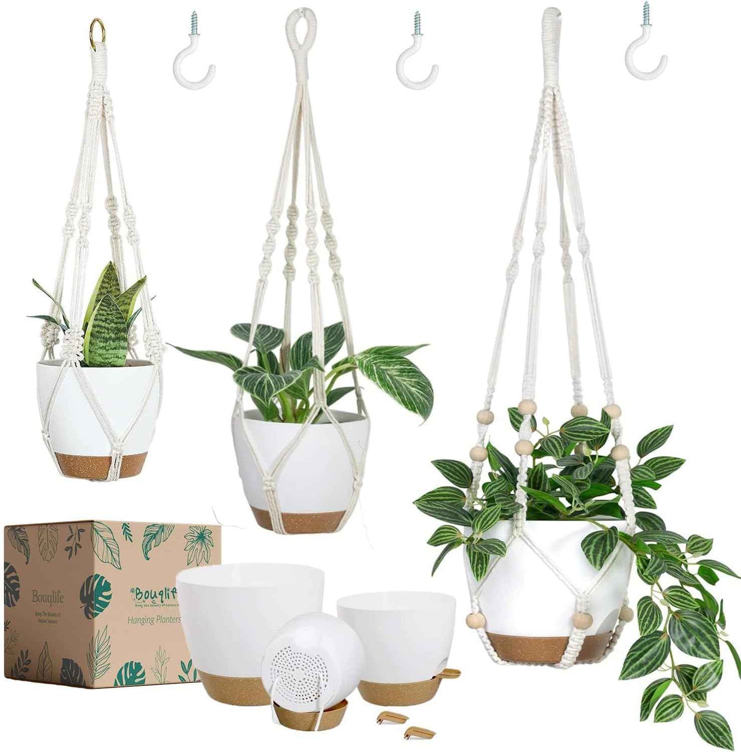 Bouqlife 3 Sets Hanging Planters for Indoor Plants with Self-Watering Hanging Pots and Macrame Plant Hangers, Outdoor Hanging Flower Pots with Drainage 3 Different Size for Home Patio Boho Decor