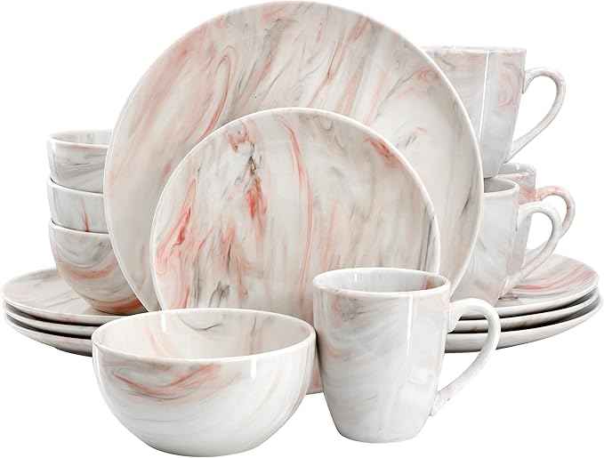 Elama Fine Marble 16 Piece Porcelain Dinnerware Set, Tableware Set, Everyday Dining, Service for 4 (Red/Gray)