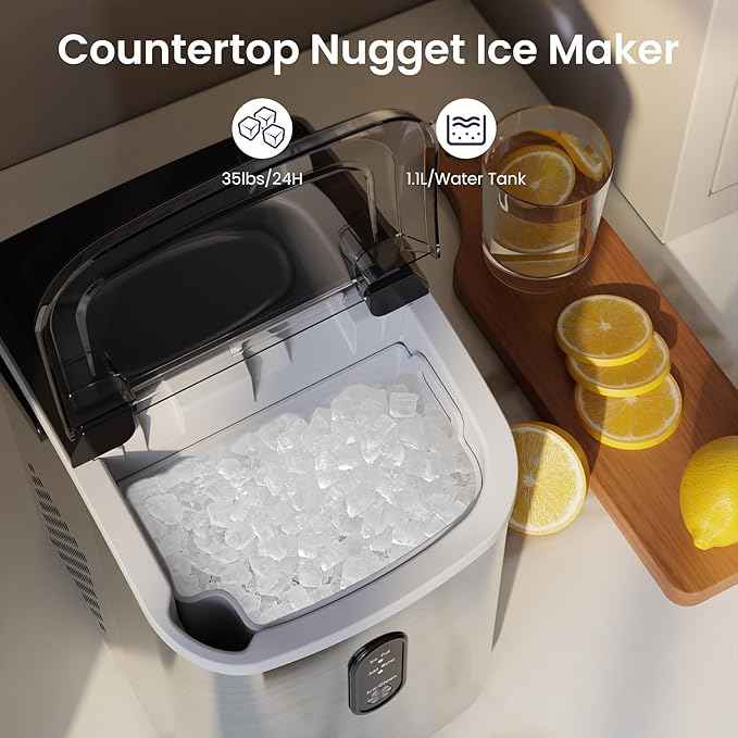 Antarctic Star Nugget Ice Makers Countertop with Handle, 35lbs/Day, Portable Sonic Ice Machine with Auto-Cleaning, Basket and Scoop for Home/Kitchen/Office/Camping(Stainless Steel Silver)