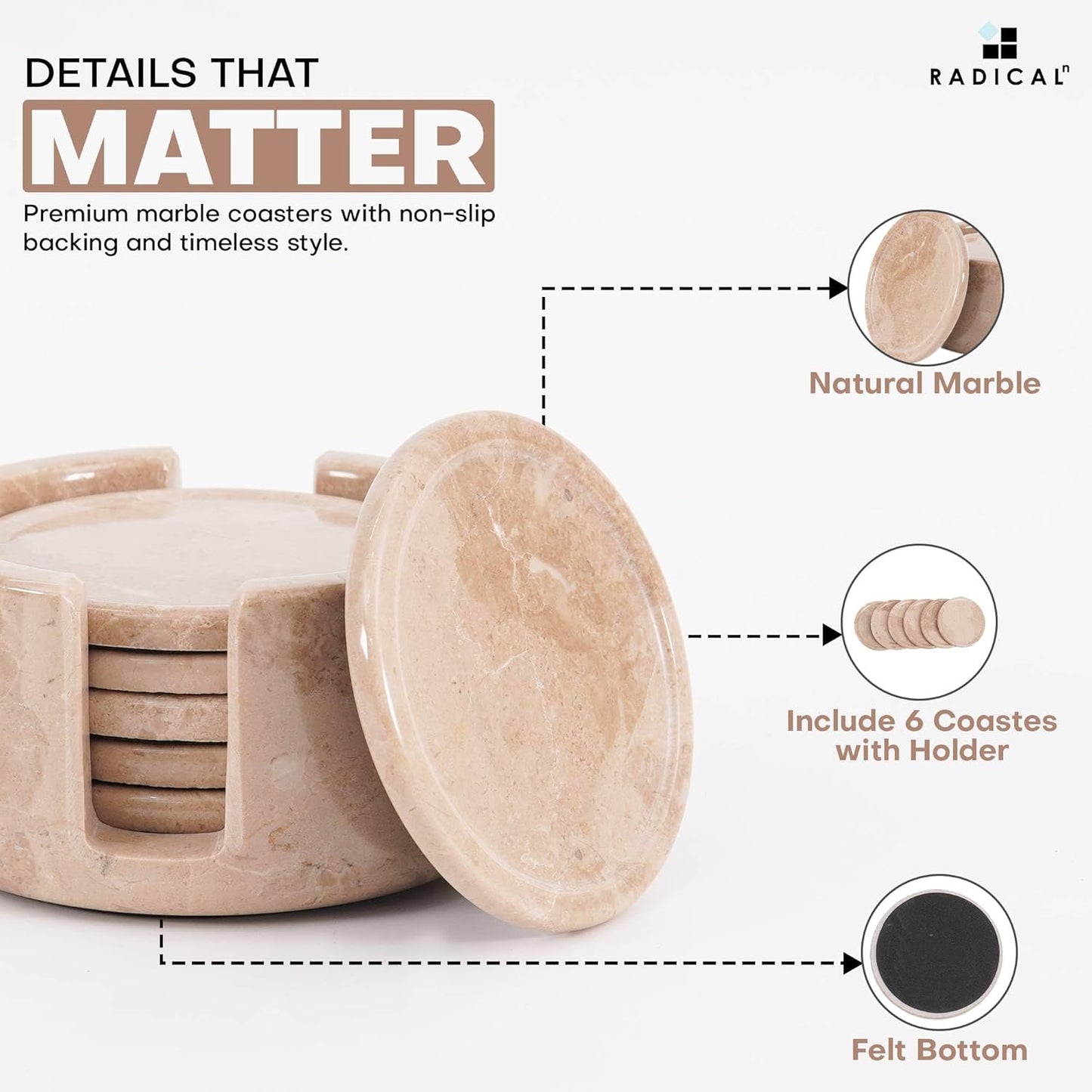 Marble Coasters Set of 6 Verona 3.5 Inch Round Coaster for Drinks with Holder, Drink Coaster for Tabletop & Coffee Table Decor, Ideal Home Decor House Warming Gifts