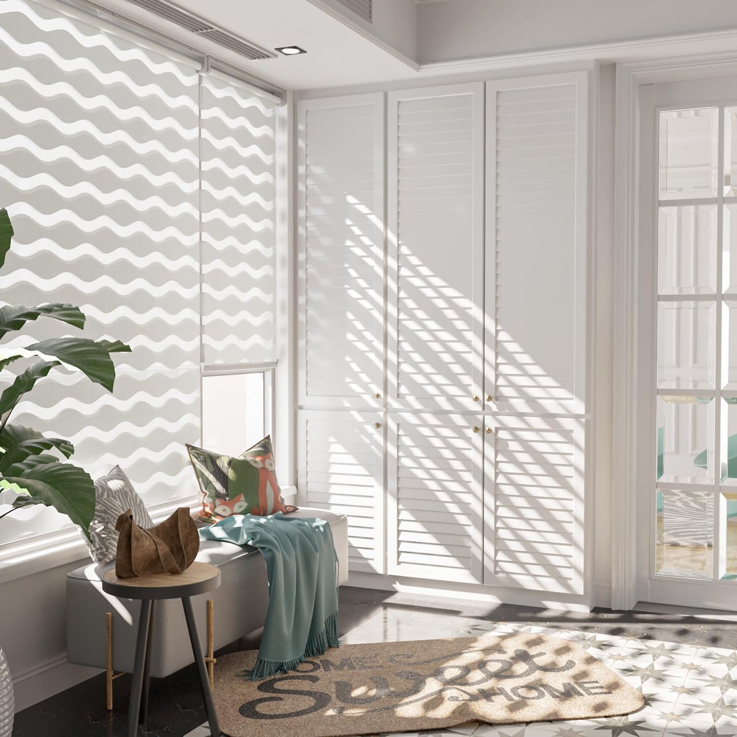 LazBlinds No Drill Cordless Zebra Blinds for Indoor Windows, Dual Layer Light Control Roller Shades for Day and Night, Light Filtering Sheer Shades for Home, 23" W x 48" H, White