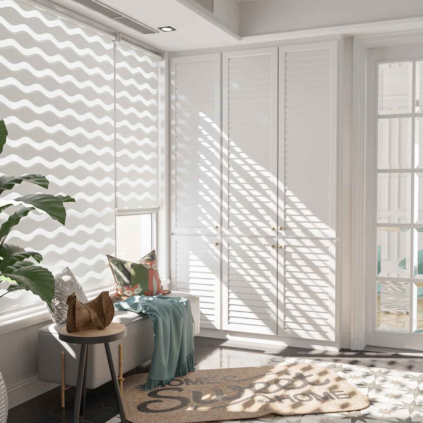 LazBlinds No Drill Cordless Zebra Blinds for Indoor Windows, Dual Layer Light Control Roller Shades for Day and Night, Light Filtering Sheer Shades for Home, 27" W x 48" H, White