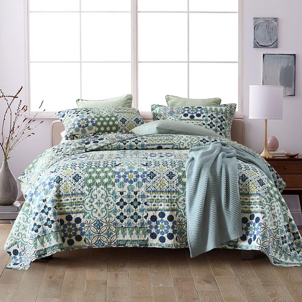 Cotton Bedspread Quilt Sets Reversible Coverlet Sets Comforters Vintage Bohemian Patchwork Bedspread (Green, King Size)