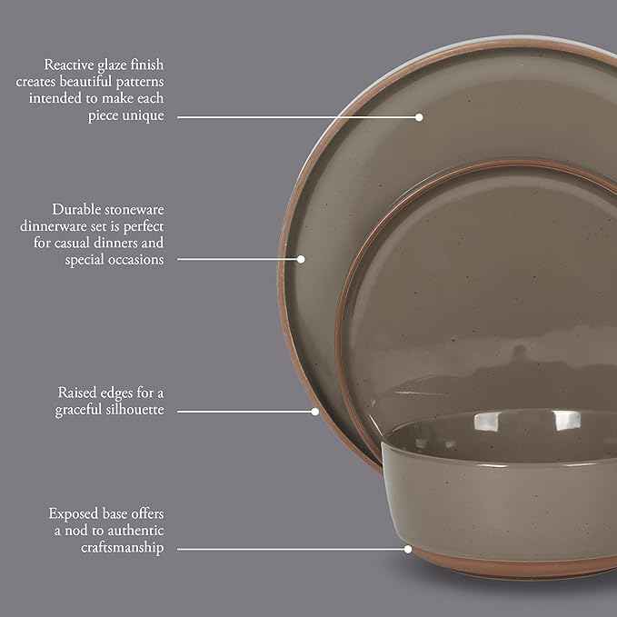 Gibson Elite Northrock Stoneware Dinnerware Set, 12-Piece Service for 4 Plates and Bowls Set – Gray Dishes with Hand-Painted Terracotta Base