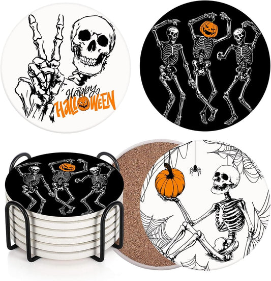 Coaster for Drinks Set of 6, Happy Fall Absorbent Round Ceramic Stone Mat, with Cork Base and Metal Holder