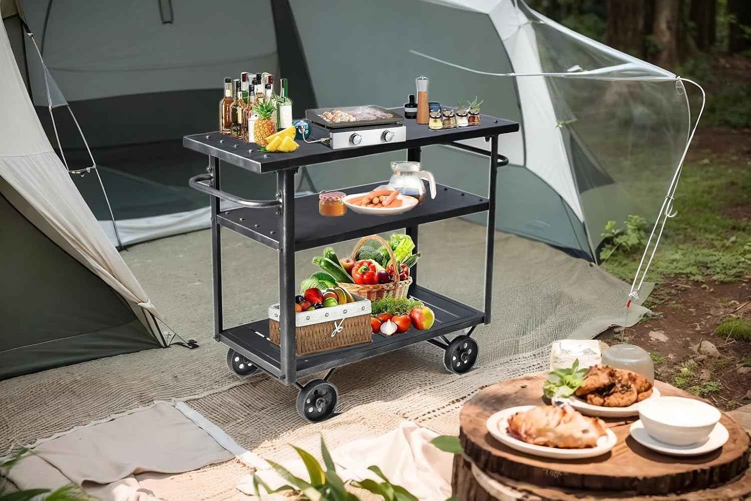 Industrial 3 Tier Mobile Bar Cart Rustic Metal Serving Cart with Wheels and Side Handles Vintage Rolling Kitchen Stand Cart-LxWxH: 36.2 * 15.75 * 30.5inch