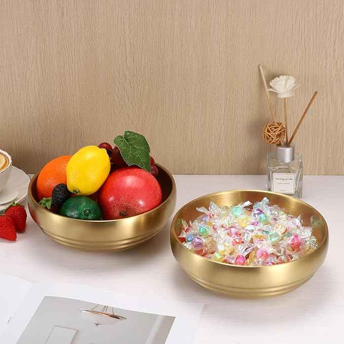 7.4" Gold Decorative Bowl - 2 Packs Key Bowls for Entryway Table Catchall Vintage Round Key Holder Bowl for Candy Fruit, Home Decor