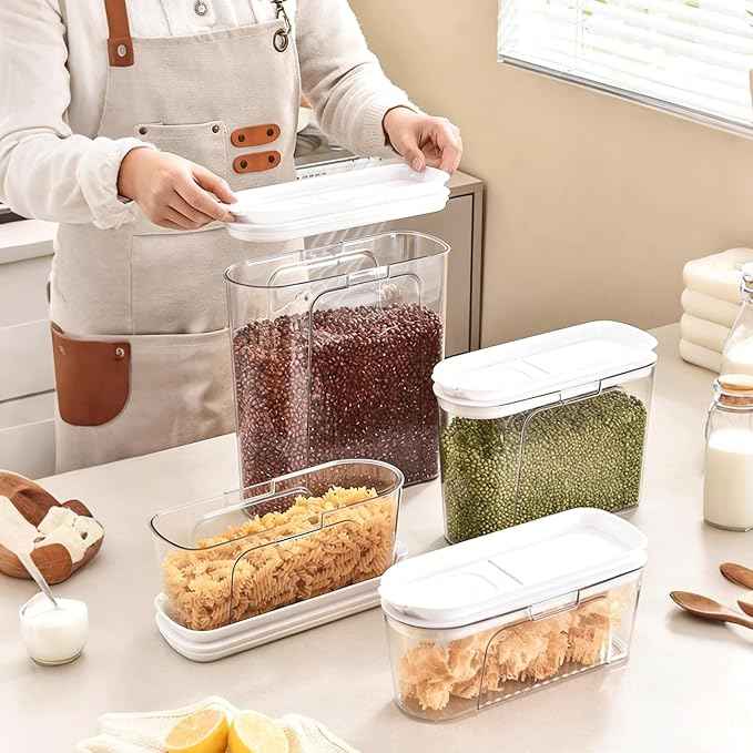 Cereal Container and Rice Storage Dispenser-Airtight Food Storage Organizers BPA-free Plastic Kitchen Pantry Storage Containers food-grade PET material Suitable for rice, grains (4L(4PC)