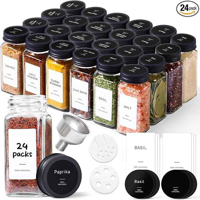 ComSaf Glass Spice Jars with Label, 24Pcs 4oz, 93 Labels, a Metal Funnel, Extra Shaker Lids, Empty Spice Containers and Square Spice Bottles for Kitchen and Seasoning