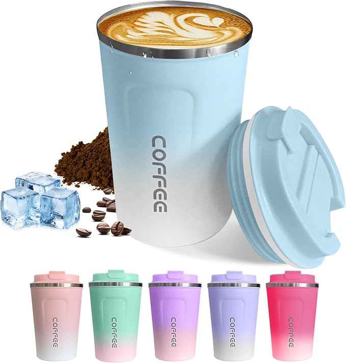 SPLMIFA Travel Coffee Mugs Leak-Proof, Reusable Coffee Cups with Lids, Stainless Steel Vacuum Insulated Coffee Tumblers, Thermal Insulation Cup for Men & Women Hot & Cold Drinks(2nd-Blue White, 12OZ)