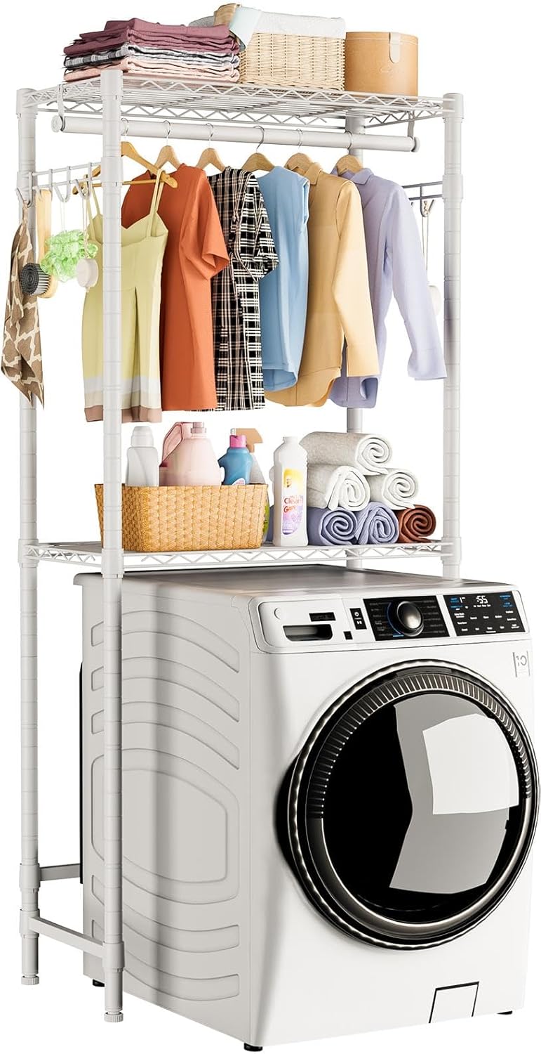 Over Washer and Dryer Shelves,2 Tier Adjustable Height Wire Shelving Laundry Room Storage Organization Clothes Drying Rack with Hanger Rod&Hooks,Space Saving Organizers Shelf,White - Lumora Casa