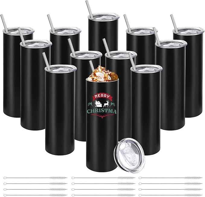 YOUKE OLA 12 Pack Stainless Steel Skinny Tumblers Bulk Straight Double Wall Insulated Tumbler with Lid and Straw for, DIY, Black, 20oz