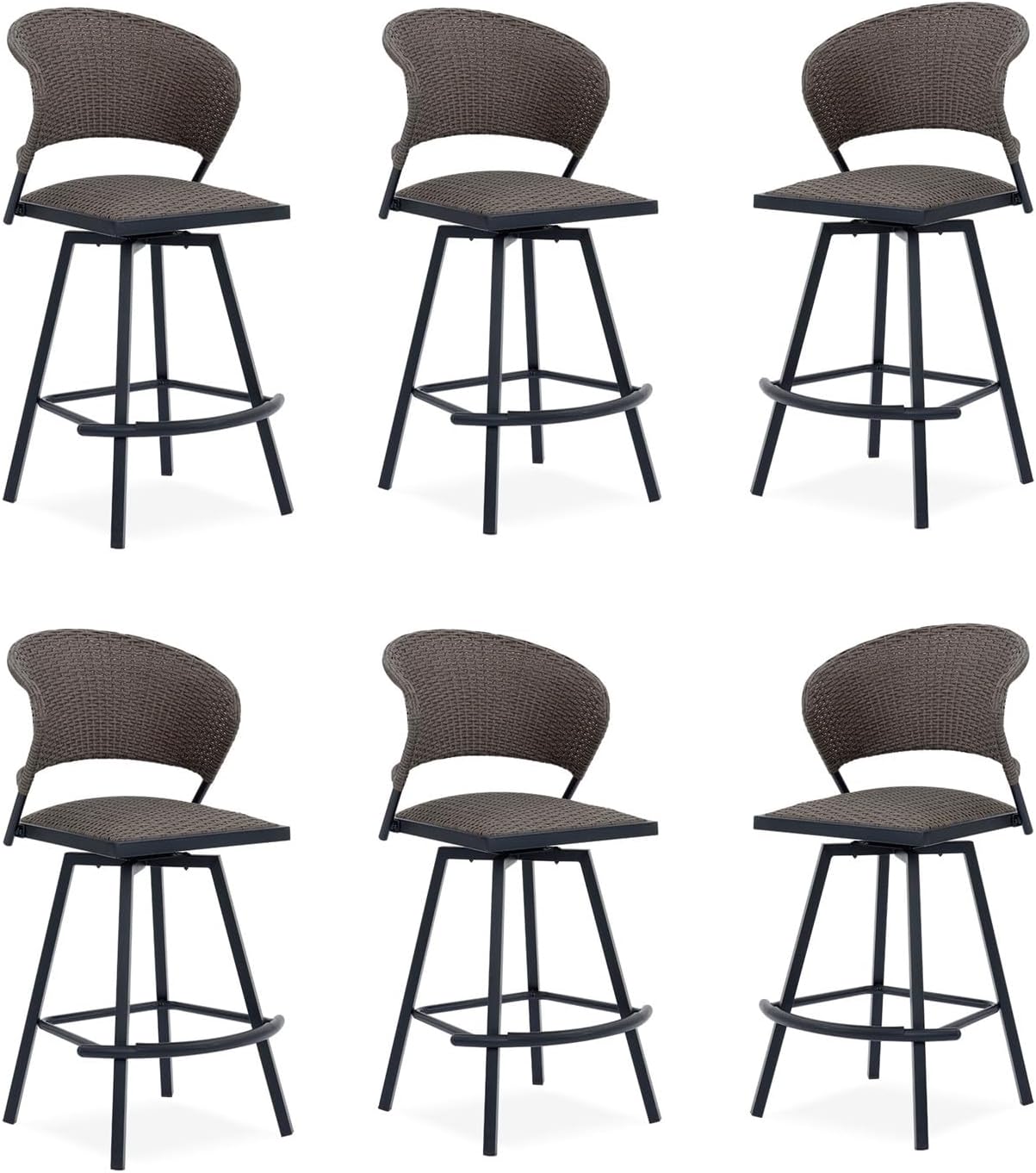 VICLLAX Patio Bar Stool Chairs with Footrests and Padded Seat, Bar Height Swivel Patio Chairs Set of 6, Brown Woven Wicker Swivel Bar Stools for Lawn Garden