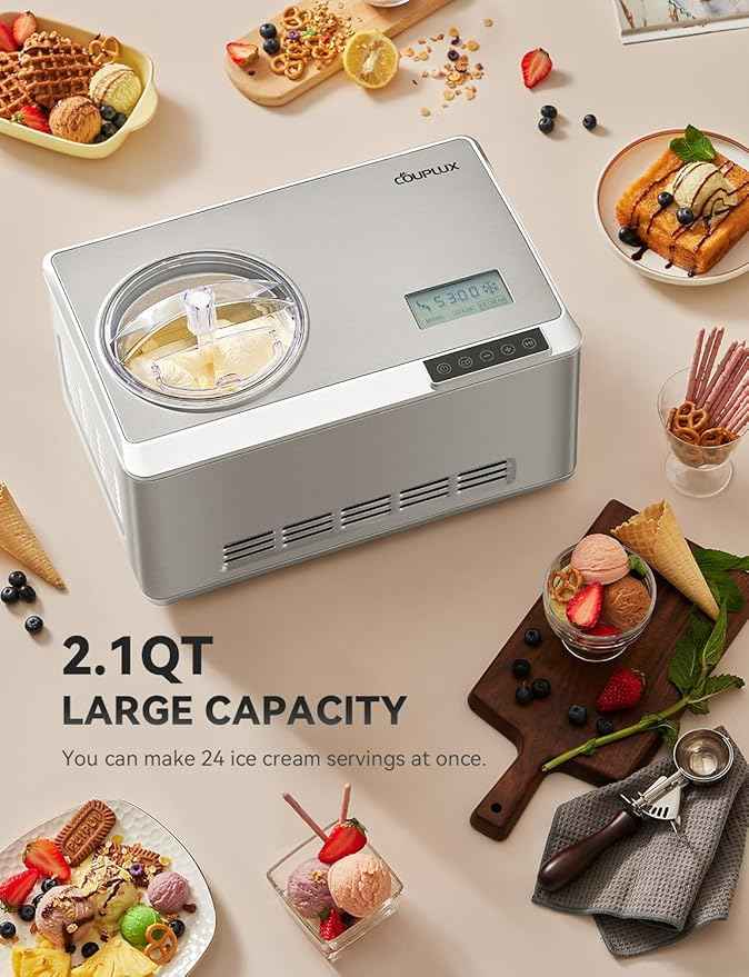 COUPLUX Ice Cream Maker, Fastest Freezing 2.1QT Ice Cream Machine with Built-in Compressor Easy Operate & Clean Automatic Ice Cream Maker Machine All Stainless Steel, LCD Display