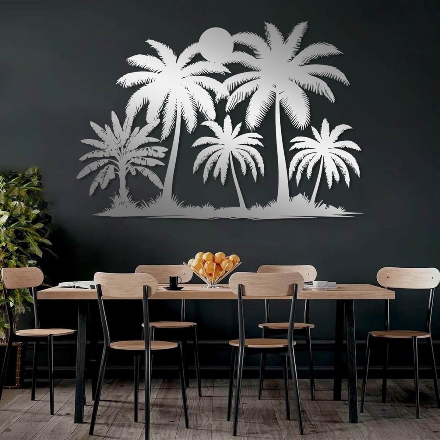 Tuglona Metal Palm Tree with Sunset Wall Decor, Tropical Palm Tree Metal Wall Art, Tropical Wall Decor, Sun Wall Art, Beach Wall Decoration, Coastal Trees Wall Hanging (Gold, 53"x37"/135x93cm)