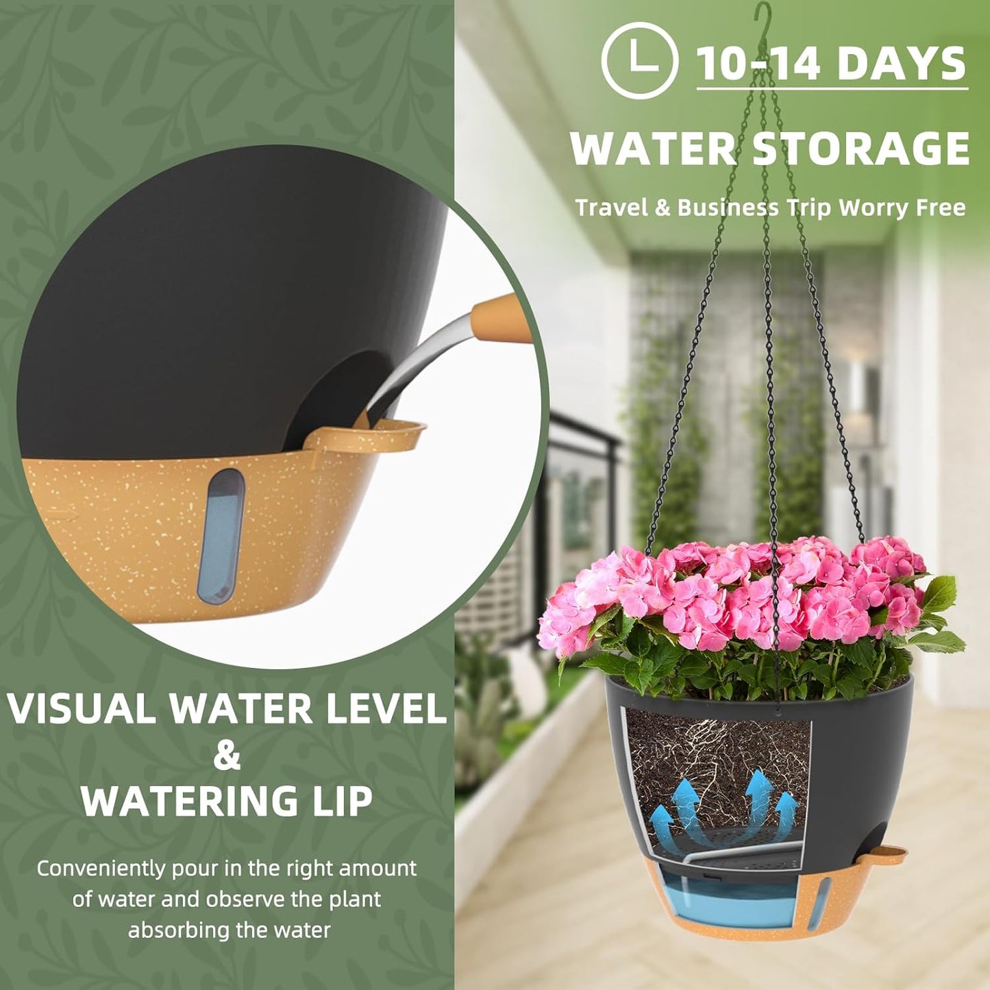 ZMTECH 12 Inch Hanging Planters for Indoor Outdoor Plants, 2 Pack Self Watering Hanging Plant Pots with Drainage Hole, Visual Reservoir, Plastic Flower Hanging Pots with Watering Lip (Black)