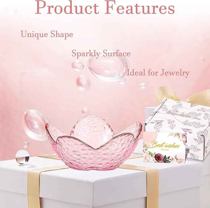 Gifts for Women Pink Flower Ring Dish Glass Jewelry Dish Jewelry Tray Cute Vanity Organizer Room Decor Aesthetic Nightstand Bathroom Decor Trinket Dish Ring Holder Dish Jewellery Tray Valentine's Gift