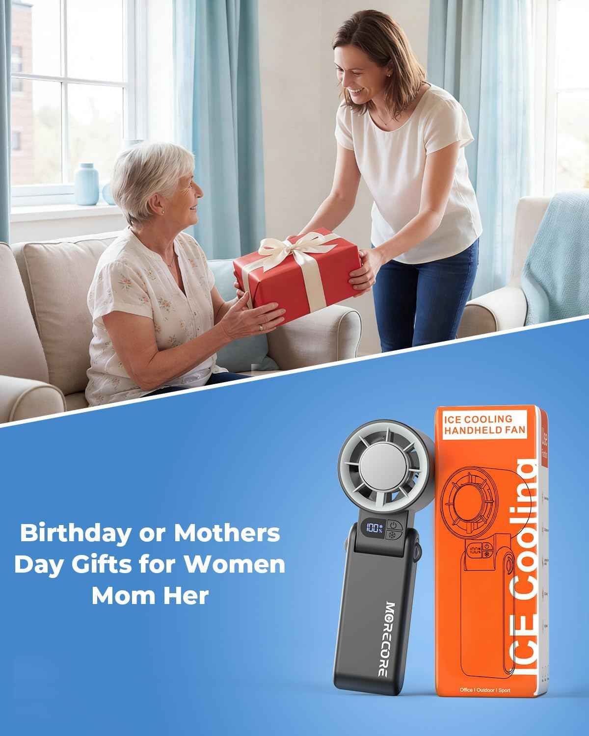MORECORE Portable Handheld Fan with Ice Cooler, [Instant Chill to 50℉], Gifts for Men Mom Women Grandma Girl Her Hot Flash, 5000mAh Cooling Fan, Camping/Cruise/Soccer Game/Travel Essentials 2026