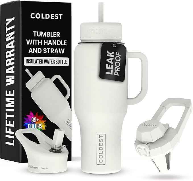 Coldest Tumbler with Handle and Straw - 100% Leak Proof Insulated Tumbler with Lid and Straw (3 Lids) - Stainless Steel Tumblers for Women & Men - Cup Holder Friendly Base, 36 oz (Margarita)