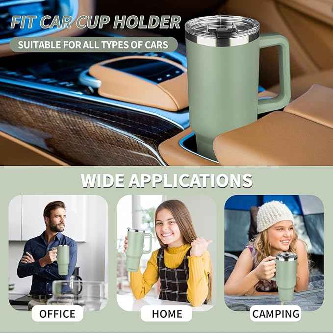 40 oz Tumbler with Handle, Insulated Tumbler with Lid and Straw, Reusable Stainless Steel Vacuum Insulated Cup, 100% Leak Proof Thermal Travel Coffee Mug Cup for Cold and Hot (Green Tea)