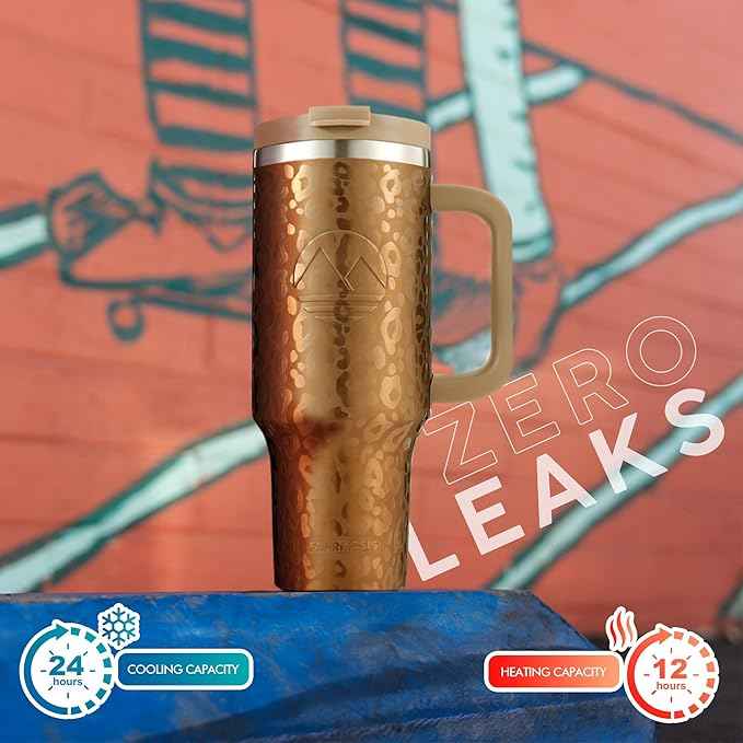 FAHRMOSIS 40 Oz Tumbler with Handle and Straw Insulated Cup that Fits in Cup Holder for Hot & Cold Drinks Leak Proof Tumbler with Straw Stainless Steel Travel Mug for Men & Women - Gold Leopard