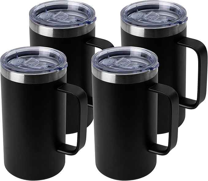 DOMICARE 24oz Mug with Handle and Lid, Stainless Steel Coffee Mug, Travel Mug with Handle, Double Wall Vacuum Coffee Tumbler, Reusable Insulated Cup, Black, Pack 4