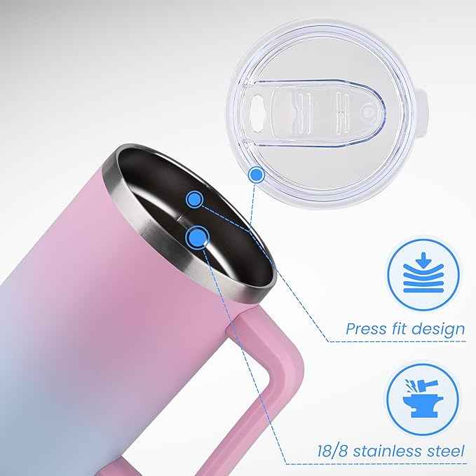 DOMICARE 40 oz Tumbler with Handle and Straw, Stainless Steel Tumbler with Lid and Straw, Reusable Vacuum Insulated Cup, Travel Coffee Mug, Dreamy Pink Blue, 1Pack