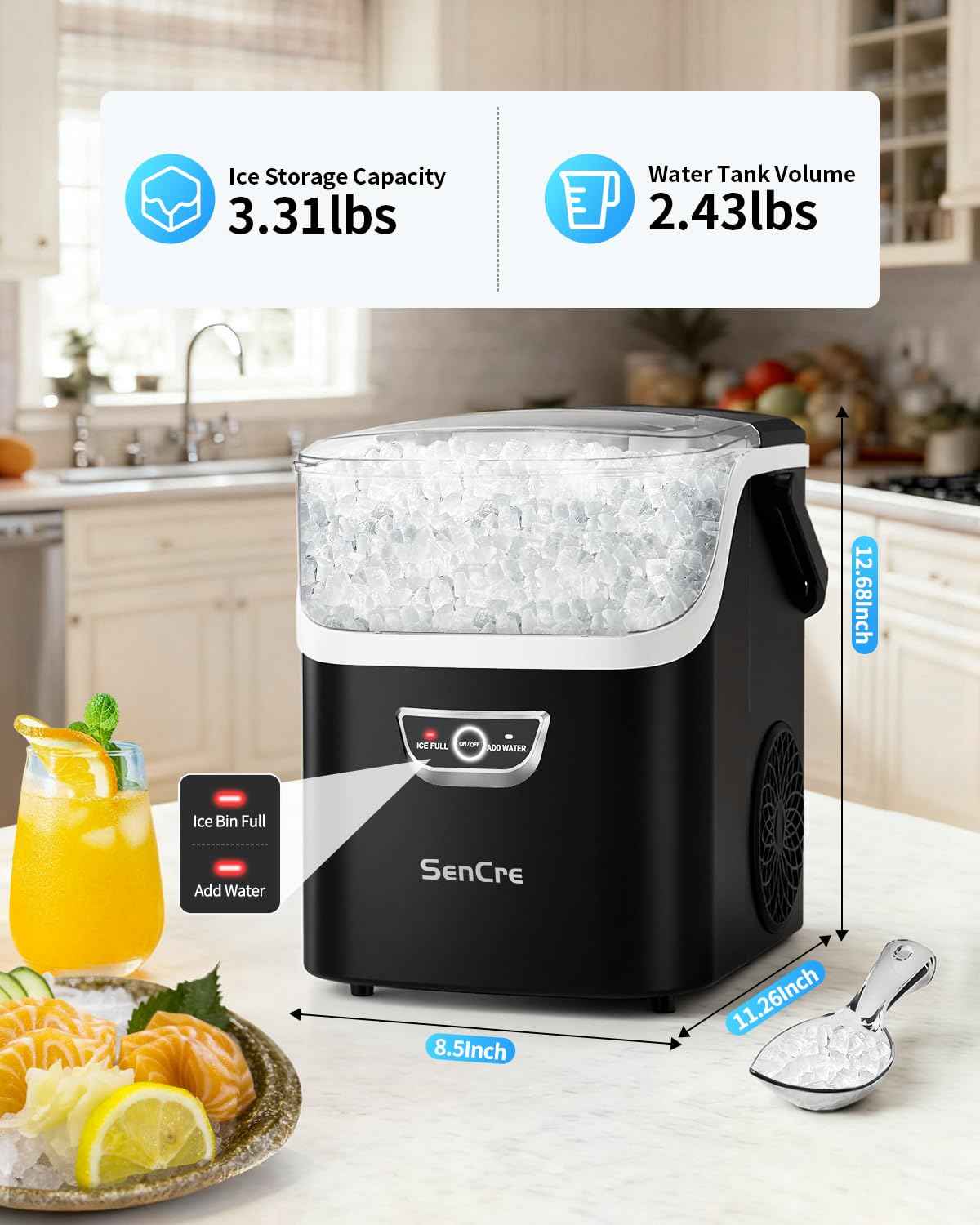 Nugget Ice Maker with Handle, 40lbs/Day Countertop Ice Maker Ready in 5 Mins, Soft Sonic Ice, Auto-Cleaning Ice Makers Portable Ice Machine for Home Kitchen Office Party & Large Families