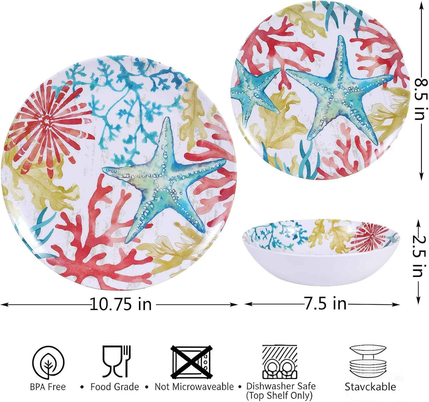 Melamine Dinnerware Set for 4 – 12-Piece Starfish Coral Design Plates and Bowls, Ocean Dishes set, Unbreakable Dinner Set for Indoor Outdoor Use, Dishwasher Safe, Coastal Beach Theme Tableware
