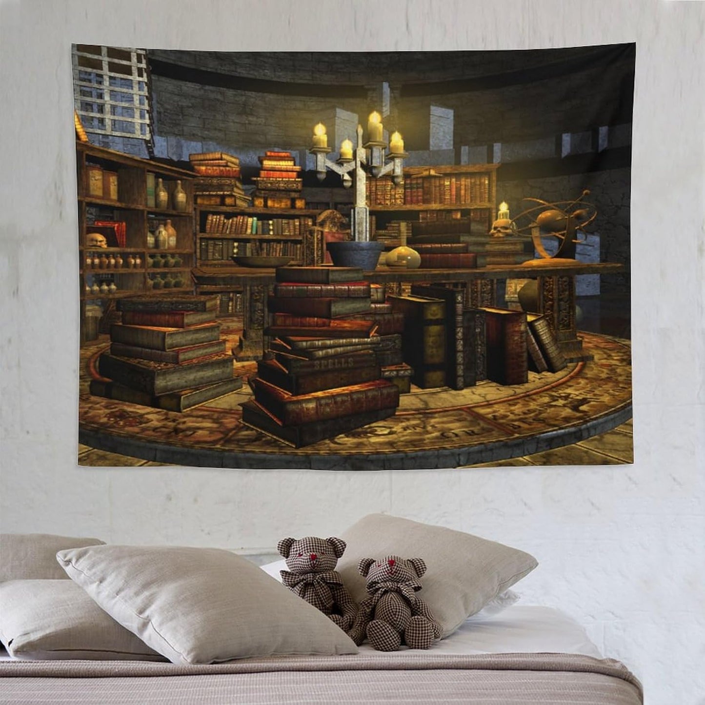 Kurtect Library Tapestry,Vintage Medieval Bookshelf Wooden Bookcase Antique Magic Art Tapestries for Party Beach Picnic Blankets Tablecloths Living Room Wall Deocr, 60x80 in